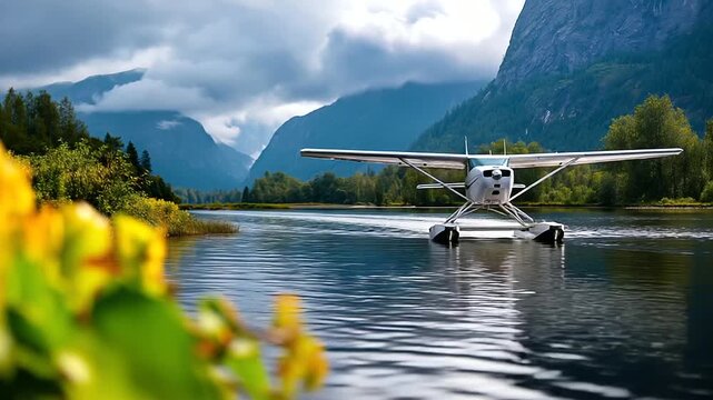 Seaplane floating on calm water framed by mountains under cloudy sky, serene adventurous atmosphere, aviation and nature scene, with copy space