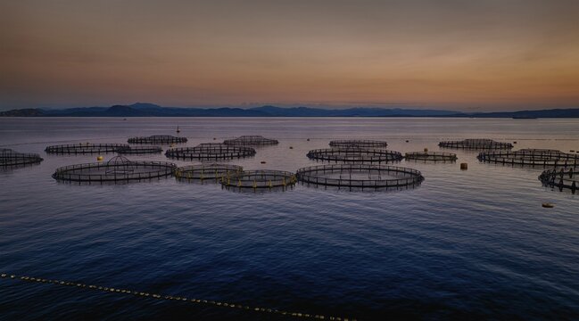 Aerial view of circular fish farms resting on the still, dark waters under the soft glow of the sunrise, Golfo Aranci, Sardinia, Italy.