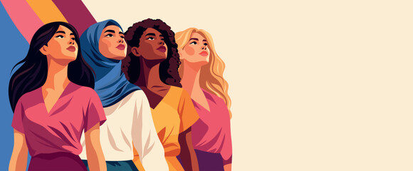 International Women's Day. March 8th. Vector banner women of different cultures, nationalities, skin colors stand together, looking up. Unity, equality, diversity, empowerment. For women's project