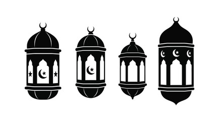 Four islamic lanterns with crescent moons a striking silhouette © MALA