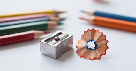 Colorful pencils with sharpener and pencil shavings showcasing creativity and art