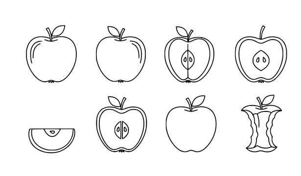 Monoline apple icon set with minimal outline fruit symbols isolated on white