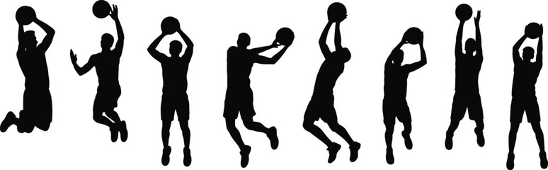 Large collection of black silhouettes featuring male basketball players jumping and shooting balls in various active sports poses isolated on a white background for design © Parimal