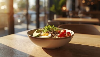 High Protein Breakfast Bowl with Soft Boiled Eggs Avocado and Quinoa in Modern Cafe