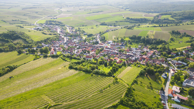 Aerial view of a patchwork of verdant vineyards and golden fields embrace the quaint town of Falkenstein bei Poysdorf, Lower Austria, Austria.