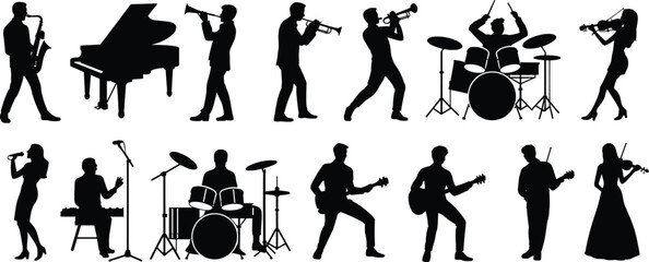 Large collection of black silhouettes featuring musical band members playing instruments including piano drums saxophone violin and guitar isolated on white background for concert posters © Parimal