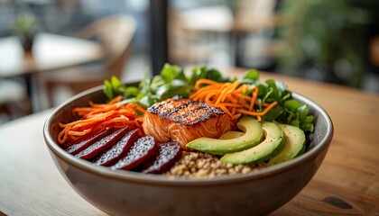 Colorful Superfood High Protein Bowl with Salmon Quinoa and Fresh Vegetables in Bright Cafe