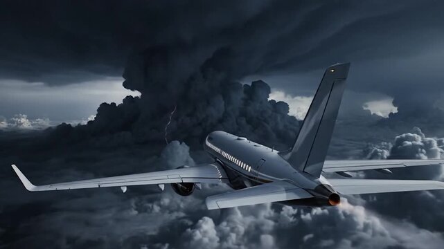 Airplane flying through a violent thunderstorm with lightning strikes