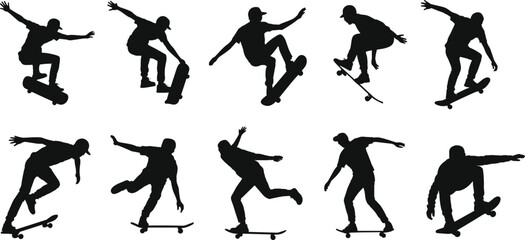 Obraz premium Black silhouettes of young skateboarders performing jumps tricks and urban skating maneuvers in various active poses isolated on white background for extreme sports design