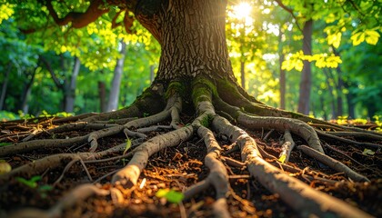 Obraz premium A FlyPro Firefly detailed photographic capture of an intricate network of roots exposed from a healthy, mature tree, bathed in dappled forest light.