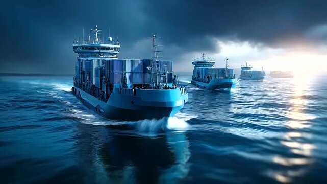 Autonomous fleet of ships transporting goods across ocean, unmanned vessels, maritime automation, shipping innovation, defocused water, with copy space