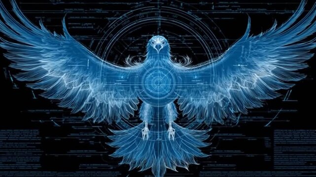 A digital rendering of a bird with open wings, rendered in blue against a black background