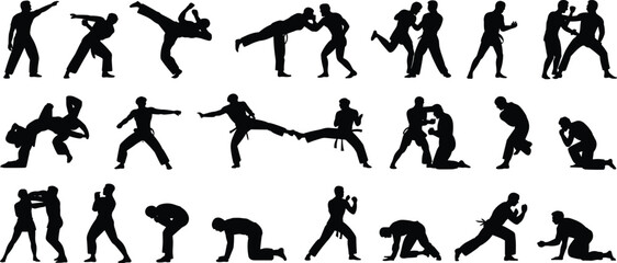 Large collection of black silhouettes featuring martial artists in various combat poses including karate kicks judo throws and wrestling isolated on a white background © Parimal