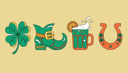 Naklejka premium A colorful vector graphic illustration of St. Patrick's Day icons including a four-leaf clover, cowboy boot, beer mug, and horseshoe.