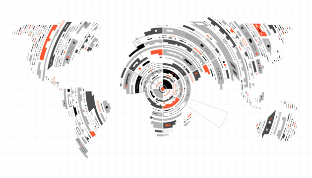 shape of world map combined with futuristic circle pattern, concept of communication world or big data or digital transformation