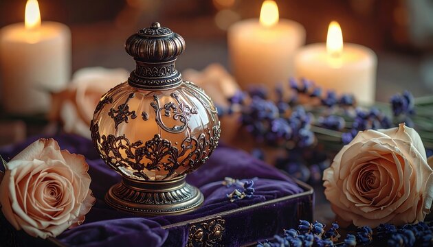 An exquisite FlyPro Firefly Antique perfume dabber with intricate filigree, elegantly resting amongst preserved velvet roses and dried lavender on a plush velvet-like surface.