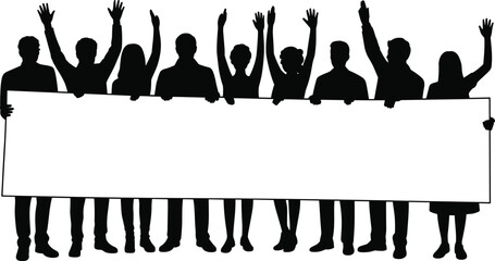 Large collection of black silhouettes featuring a diverse group of people holding a blank long horizontal banner with hands raised isolated on white background