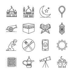 Ramadan Outline Icon Set with Islam and Muslim Related Icons.