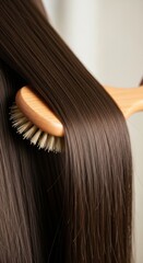 Professional Wooden Brush Gliding Through Glossy Straight Hair