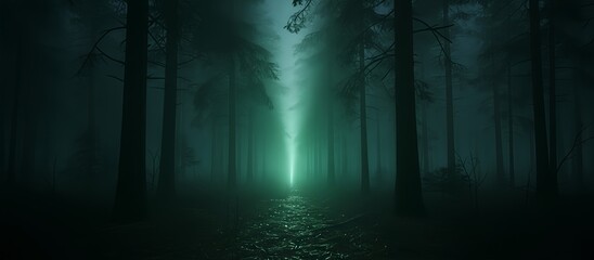 Fototapeta premium Mysterious deep dark pine forest at night, a single beam of light shining through thick fog, emerald green highlights, heavy atmospheric grain.