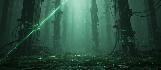 Futuristic cyber green glow, dark misty atmosphere, grainy digital noise effect, sharp diagonal light leak, deep forest green and charcoal black gradient, industrial aesthetic
