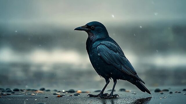 A crow stands on a pebble-strewn beach as rain falls and waves crash in the background.