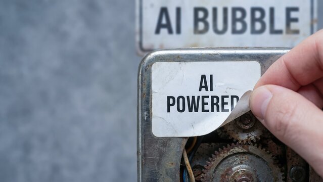 Hand putting AI Powered sticker on old rusty mechanical gears, concept of fake rebranding, marketing hype and tech washing