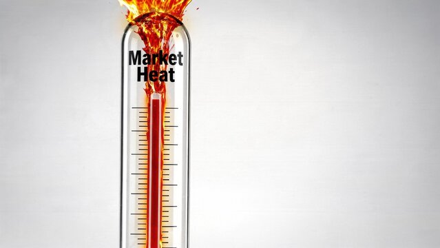 Exploding thermometer with Market Heat text, concept of AI bubble burst, overheating economy, financial crisis and stock market crash