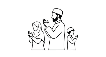 Fototapeta premium Muslim family praying together a simple black outline silhouette