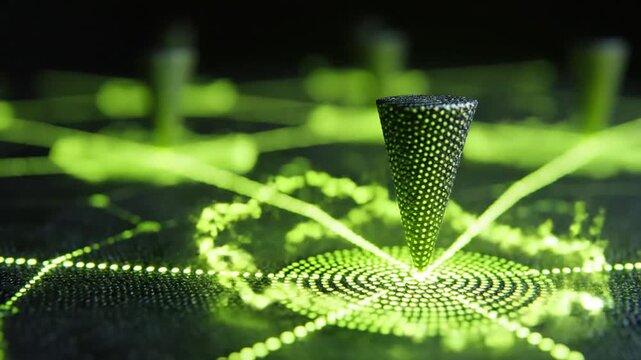 Glowing green cone shape emitting light. Network of glowing dots and lines connecting to other cone shapes