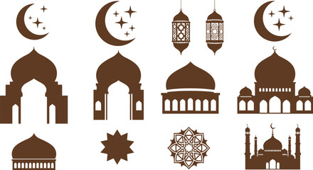 Islamic Vector Element Bundle with Mosque Silhouettes Lantern Icons and Star Bunting © MdRezaul