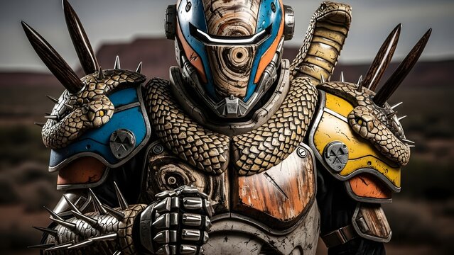 Warrior in rugged armor, adorned with reptilian scales and spike accents, stands against a desert backdrop