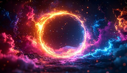 Obraz premium Glowing circle portal amidst colorful nebula clouds in space