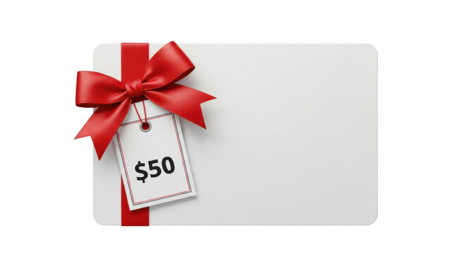 A fifty dollar gift card adorned with a decorative red ribbon and tag.