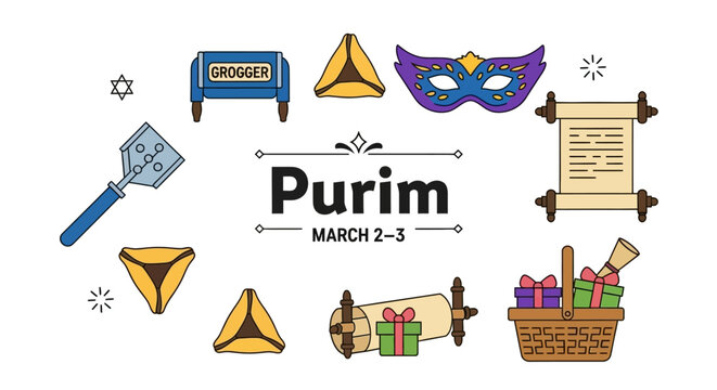 Vibrant Purim celebration elements with grogger and gifts