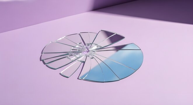 Artistic 3D illustration of a shattered circular mirror reflecting the sky, placed on a smooth purple surface, symbolizing broken dreams or self-reflection.