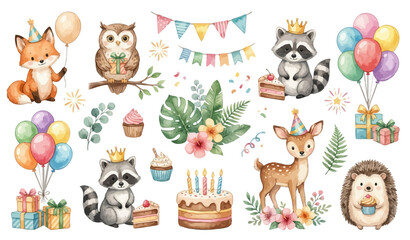 Fototapeta premium Birthday party watercolor vector clipart set with woodland animals Collection of Vector illustrations. Perfect for invitation, card, poster, banner, decoration