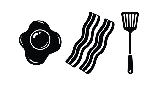 A classic breakfast spread featuring eggs bacon and a spatula silhouette