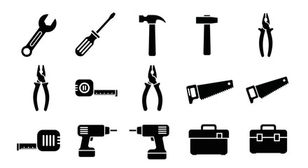 Fototapeta premium Collection of Hand Tools and Power Tools Icons Set, Isolated on White Background