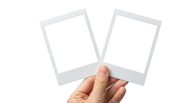 Hand holding two blank polaroid photographs against a white background.