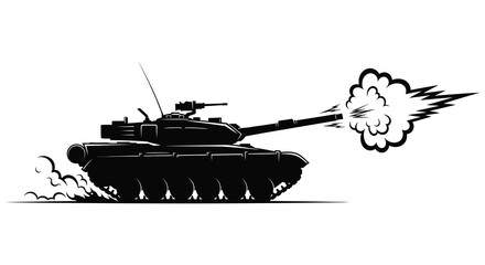 A black silhouette of a tank firing its cannon with an explosion showcasing military power silhouette high quality professional detailed modern © CreativeAkash099