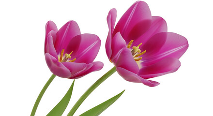 Obraz premium Two vibrant pink tulips with green stems and leaves on white background floral arrangement
