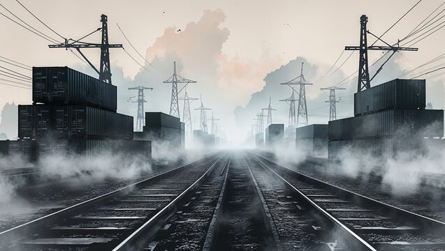 Misty watercolor freight rail yard with container stacks and power lines, logistics planning and intermodal transportation concept, wide background with copy space