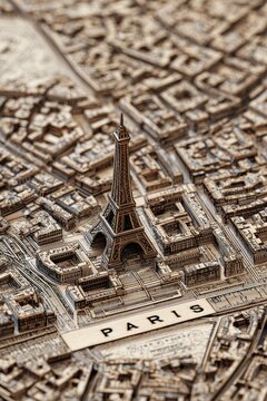 Miniature Eiffel Tower model on Paris city map