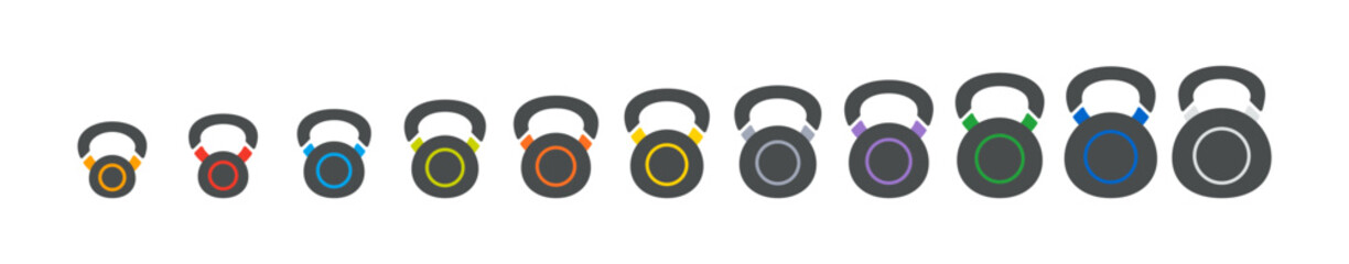 Naklejka premium Fitness kettlebell icons set with colored rings. Minimal solid glyph vector pack for gym, workout, strength training, isolated 