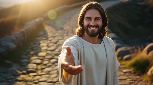 Jesus Christ Reaching Out Inviting Hand on a Path of Hope and Faith at Golden Hour.