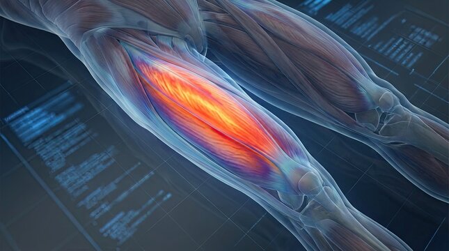 Human leg muscle anatomy shows severe quadriceps strain with glowing orange fire effect on dark blue digital screen with medical data and charts.