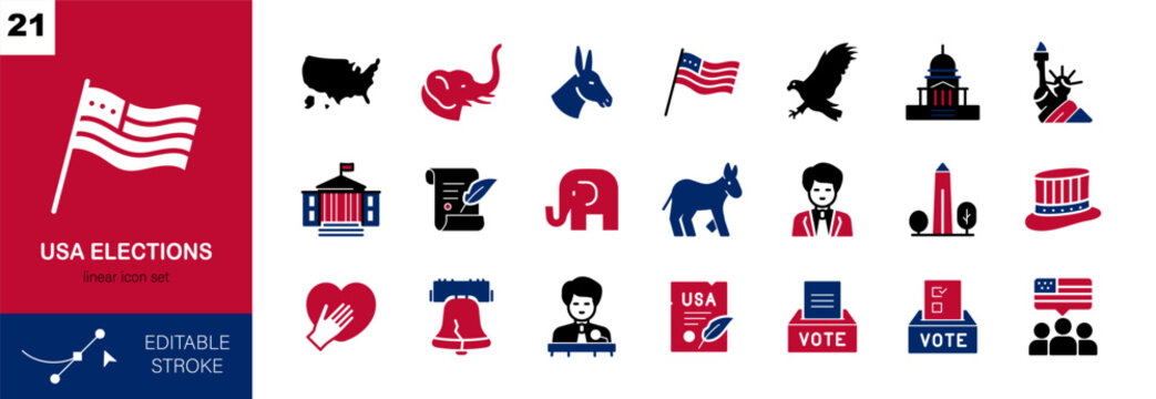 USA Elections Solid Glyph Icons Set. US Elections Isolated Vectors with Voting Ballot Box, Republican and Democratic Symbols, American Flag, Capitol, White House, Liberty Sign, Vote and Election Icons