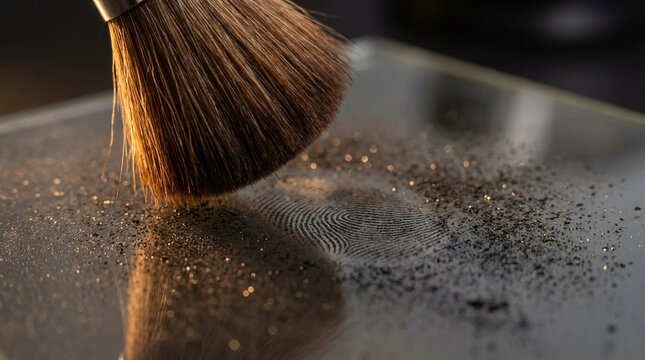 Forensic fingerprint dusting brush sweeping fine powder across dark glass surface, revealing latent print traces in warm dramatic lighting.