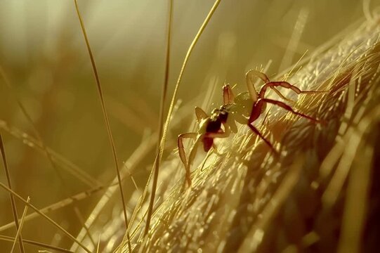 Macro shot of a dangerous tick, a blood sucking acarid parasite, crawling on a mammal's hairy skin, carrier of infections like encephalitis and lyme disease, seeking a host